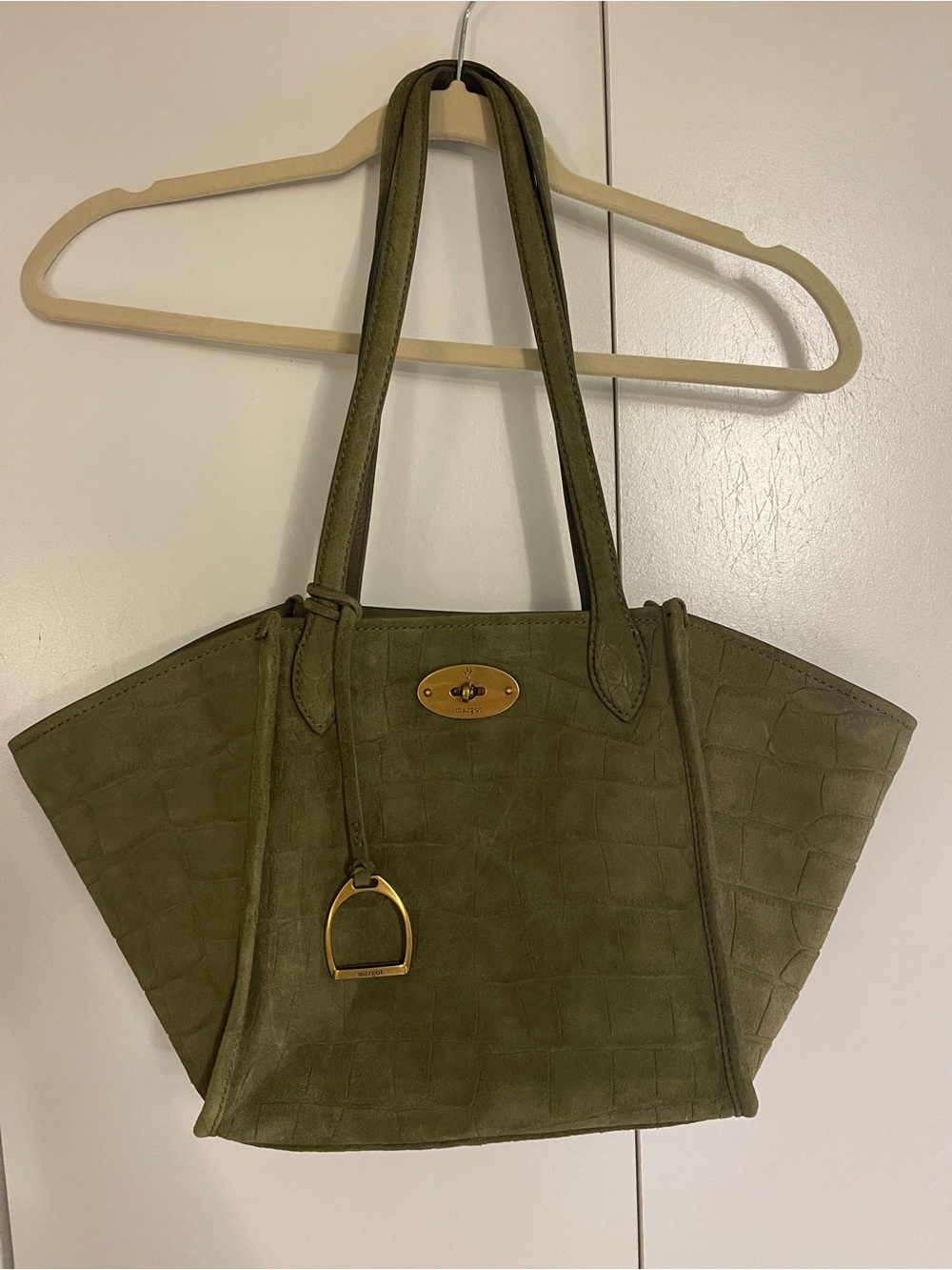 Olive Green Suede Tote with Gold Hardware
